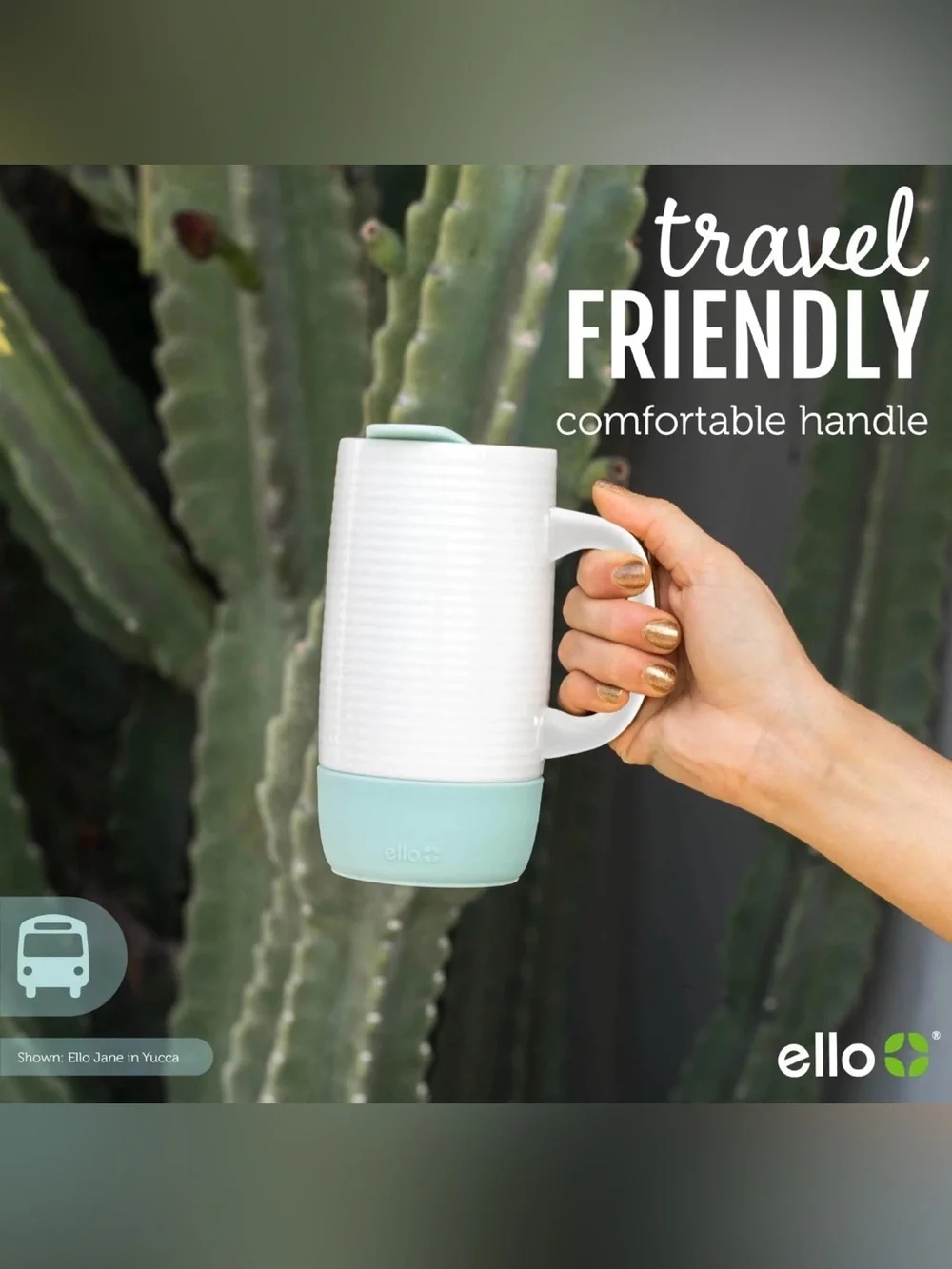 Ello Jane 18oz Teal Ceramic Travel Mug with Splash Resistant Lid and Handle-NWOB
